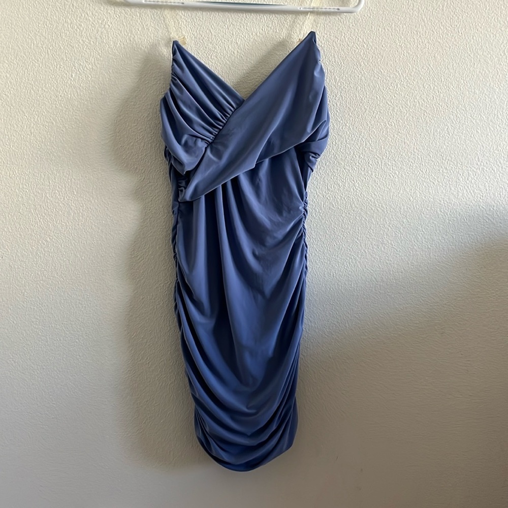 Fashion Nova Periwinkle/Blue Ruched V-Neck Clear Strap Bodycon Mini Dress